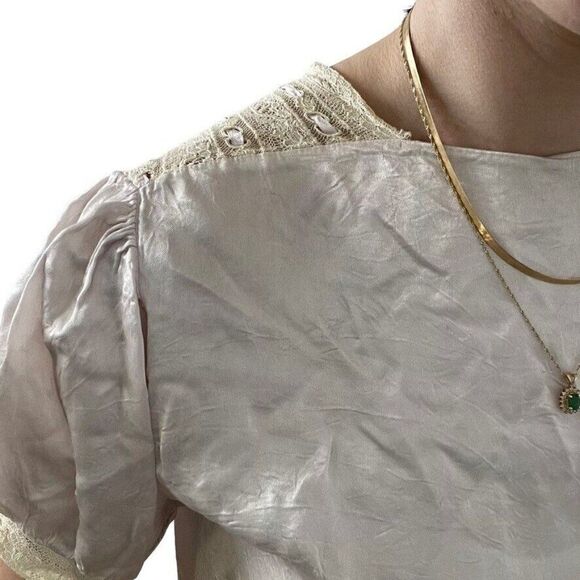 Vintage 60s Womens Pale Pink Silk Lace Open Back Crop Top Valentines Day Blouse - Picture 5 of 6